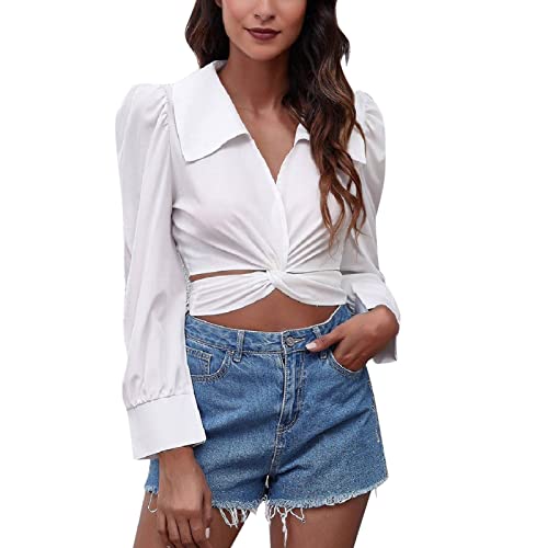 GOTOTOP Damen Crop Top Blusen Puff Langarm Twist Front Tie Back Oberteil Wickelshirt Slim fit Hemdbluse(S-Weiß) von GOTOTOP