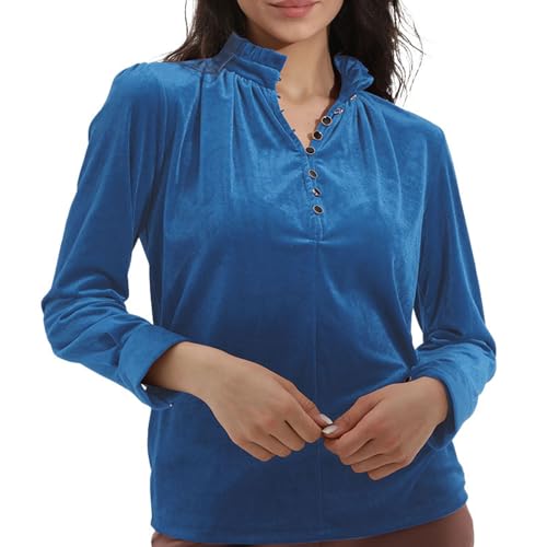 GOTOTOP Damen-Henley-Hemd aus Samt mit V-Ausschnitt, Vintage-Langarm, Rüschenkragen, Lässige Oberteile, Lockere Passform, Elegante Retro-Bluse (L) von GOTOTOP