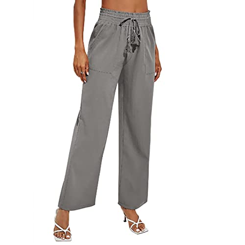 Damen High Waist Culottes Elastische Plissee Bund Weitem Bein Leichte Schlaghose Casual Loose Fit Trousers mit Kordelzug und Tasche(L-Dunkelgrau) von GOTOTOP