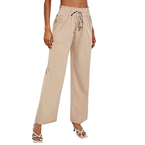 Damen High Waist Culottes Elastische Plissee Bund Weitem Bein Leichte Schlaghose Casual Loose Fit Trousers mit Kordelzug und Tasche(L-Khaki) von GOTOTOP