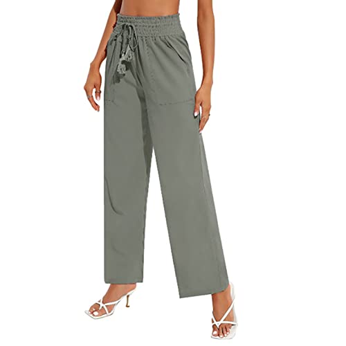 Damen High Waist Culottes Elastische Plissee Bund Weitem Bein Leichte Schlaghose Casual Loose Fit Trousers mit Kordelzug und Tasche(XL-Grün) von GOTOTOP