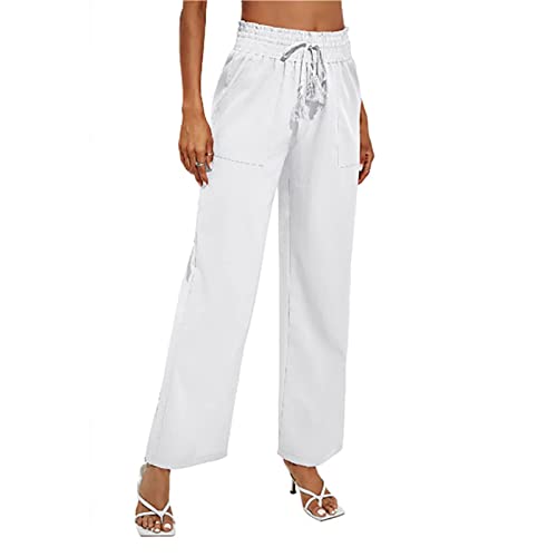 Damen High Waist Culottes Elastische Plissee Bund Weitem Bein Leichte Schlaghose Casual Loose Fit Trousers mit Kordelzug und Tasche(XL-Weiß) von GOTOTOP