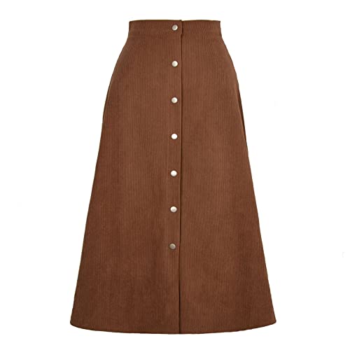 Damen Kordrock Midirock Hohe Taille A Linie Skirt mit Taste Vintage Retro Basic Cordrock (L-Braun) von GOTOTOP