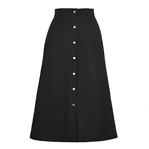 Damen Kordrock Midirock Hohe Taille A Linie Skirt mit Taste Vintage Retro Basic Cordrock (m-Schwarz) von GOTOTOP