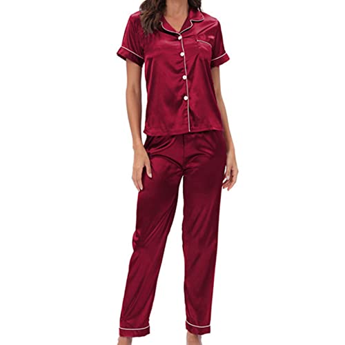 Damen Pyjama Satin V Ausschnitt Schlafanzug Kurzarm Hose Negligee Loungewear mit Knopfleiste und Tasche(m-rot) von GOTOTOP
