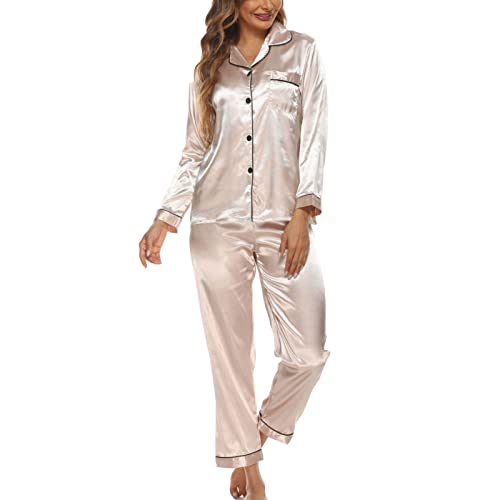 GOTOTOP Damen Pyjama Satin V Ausschnitt Schlafanzug Lang Hose und Tops Negligee Loungewear mit Knopfleiste und Tasche(S-Champagner) von GOTOTOP