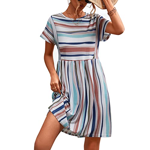 Damen Rundhals Sommer A-Linie Freizeitkleid Casual Kurzarm Gestreiftes Lose Tunika Swing Party Alltag Strand Minikleid Umstandskleid(M-Khaki) von GOTOTOP