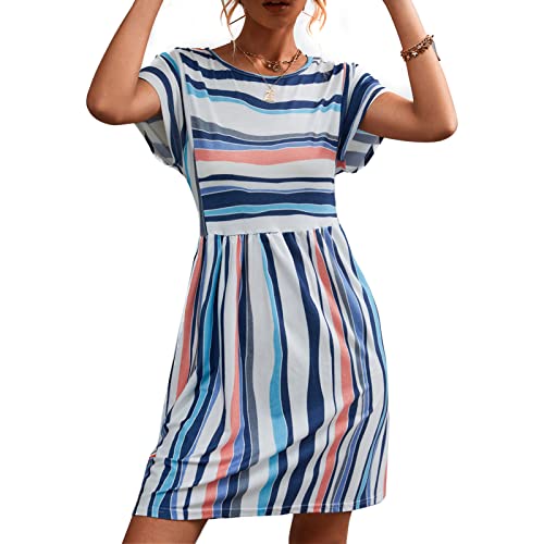 Damen Rundhals Sommer A-Linie Freizeitkleid Casual Kurzarm Gestreiftes Lose Tunika Swing Party Alltag Strand Minikleid Umstandskleid(S-Blau) von GOTOTOP