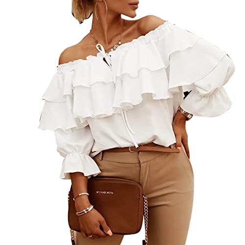 Damen Schulterfrei Oberteile 3/4 Geschichtete Rüschenärmel Rückenfrei T-Shirts Elegant Bluse Tops(m-Weiß) von GOTOTOP