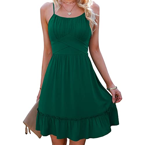 Damen Sexy Rückenfreies Partykleid Sommer A Linie Knielang Rüschensaum SpaghettiTräger Elegant Cocktailkleid mit Schleifengürtel(XL-Schwarz Grün) von GOTOTOP