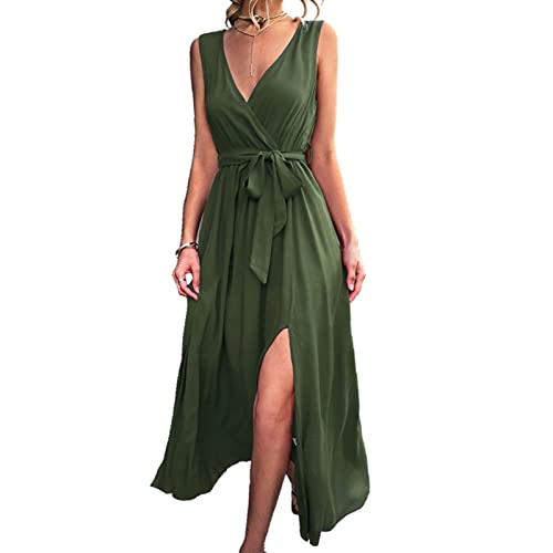 Damen Sexy Tiefer V Abendkleid Sommer A-Linie Ärmellos Elegant Lose Einfarbig Elegant Hochzeit Seitenschlitz Cocktail Maxi Partykleid mit Gürtel(XL-OD-Grün) von GOTOTOP