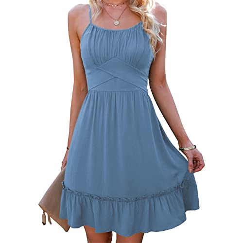 Damen Sexy Träger Rückenfreies Sommerkleid A Linie Knielang Kleider Elegant Rüschensaum Partykleid mit Schleifengürtel Freizeitkleid(L-Blau) von GOTOTOP