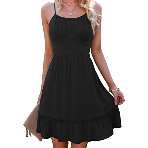 Damen Sexy Träger Rückenfreies Sommerkleid A Linie Knielang Kleider Elegant Rüschensaum Partykleid mit Schleifengürtel Freizeitkleid(L-Schwarz) von GOTOTOP