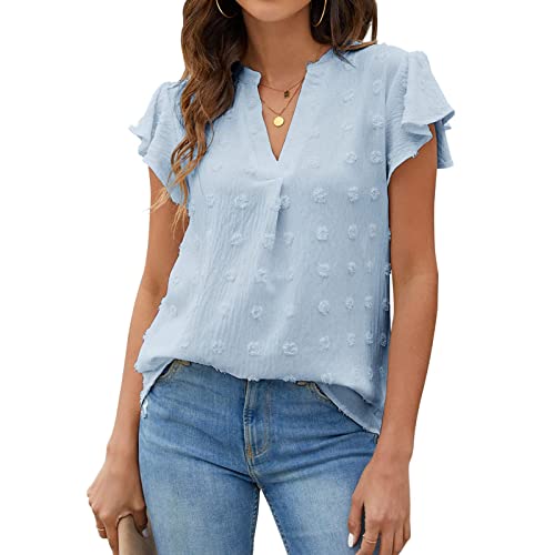 Damen Sommer Elegante Rüschenbluse mit V-Ausschnitt, Leicht und Atmungsaktiv Lockerer Chiffon Lässig Kurzärmlig Schicke Polka Dot-Shirts(L-Blau) von GOTOTOP