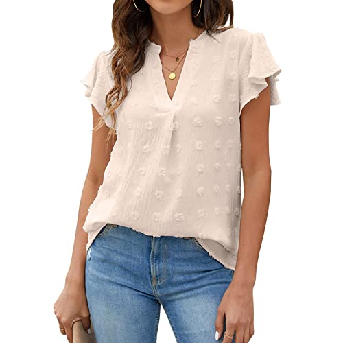 Damen Sommer Elegante Rüschenbluse mit V-Ausschnitt, Leicht und Atmungsaktiv Lockerer Chiffon Lässig Kurzärmlig Schicke Polka Dot-Shirts(S-Aprikose) von GOTOTOP