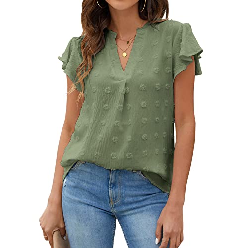 Damen Sommer Elegante Rüschenbluse mit V-Ausschnitt, Leicht und Atmungsaktiv Lockerer Chiffon Lässig Kurzärmlig Schicke Polka Dot-Shirts(S-Hellgrün) von GOTOTOP