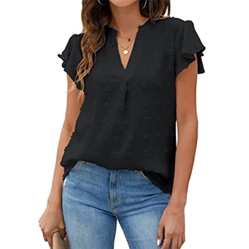 Damen Sommer Elegante Rüschenbluse mit V-Ausschnitt, Leicht und Atmungsaktiv Lockerer Chiffon Lässig Kurzärmlig Schicke Polka Dot-Shirts(XL-Schwarz) von GOTOTOP