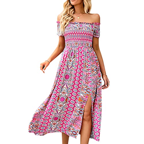 Damen Sommer Schulterfrei Geschlitzt Lange Kleider Boho Blumenmuster eine Linie Flie?endes Swing Strandkleid(L-Rosa) von GOTOTOP