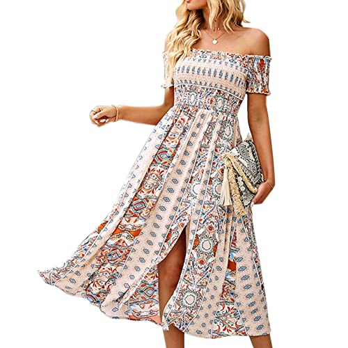 Damen Sommer Schulterfrei Geschlitzt Lange Kleider Boho Blumenmuster eine Linie Flie?endes Swing Strandkleid(M-Aprikose) von GOTOTOP