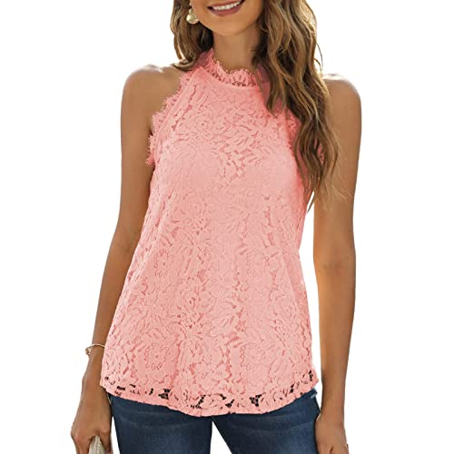 Damen Sommer Spitze Tanktops Neckholder Lässige ärmellose Shirts Elegante Bluse Top(L-Rosa) von GOTOTOP