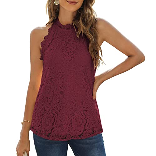 Damen Sommer Spitze Tanktops Neckholder Lässige ärmellose Shirts Elegante Bluse Top(L-Rot) von GOTOTOP