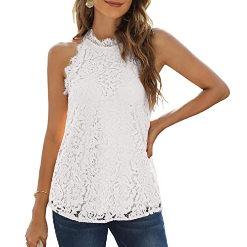 Damen Sommer Spitze Tanktops Neckholder Lässige ärmellose Shirts Elegante Bluse Top(M-Weiß) von GOTOTOP