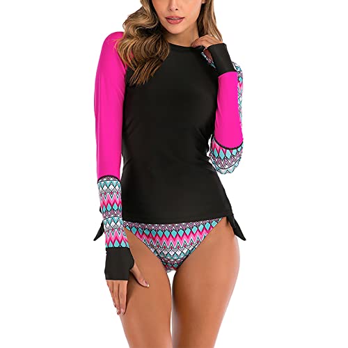 Damen Tankini Langarm Blouson Badeanzug Zweiteilige Print Bademode Beachwear Rash Guard UV Shirts(XL-Rosenrot) von GOTOTOP