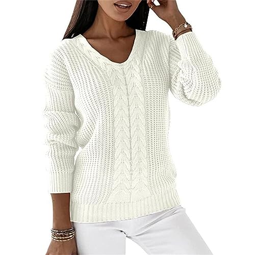 Damen V Ausschnitt Grob Strickpullover Pullis Freizeit Langarm Basic Slim Fit Casual Style Oberteil (2XL) von GOTOTOP