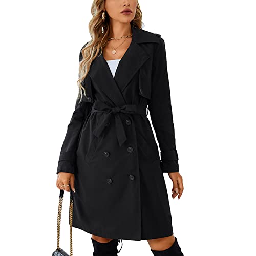 GOTOTOP Damen Zweireihiger Trenchcoat Mittellanger Windmantel mit Langen Ärmeln Reversjacke Reversmantel mit Gürtel (S) von GOTOTOP