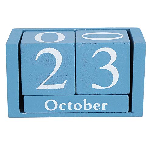 Ewiger ewiger Kalender aus Holz | Desktop-Kalender Lift 'n' Flip Block Design | für zu Hause oder im Büro(Blau) von GOTOTOP