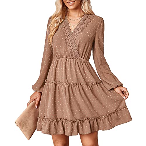 Fließendes Midikleid für Damen, Lange Puffärmel, Gepunkteter V-Ausschnitt, Spitzennähte, Abgestufter Saum, Swing-Kleid, Herbst-Winter(L-helles Khaki) von GOTOTOP