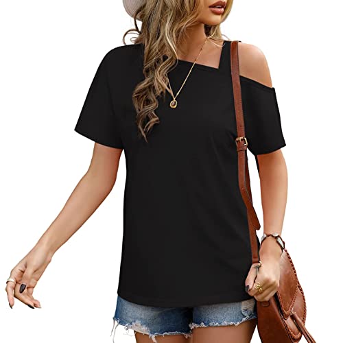 GOTOTOP Damen Schulterfrei Top Basic T-Shirt Kurzarm Locker Sommer Oberteile Casual Tunika Blusen(L-Schwarz) von GOTOTOP