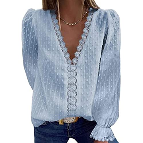 Frauen Süße Frühling Sommer Sexy Spitze Häkeln V-Ausschnitt Langarm Pom Pom Blusen Tops Shirts(XL-Blau) von GOTOTOP