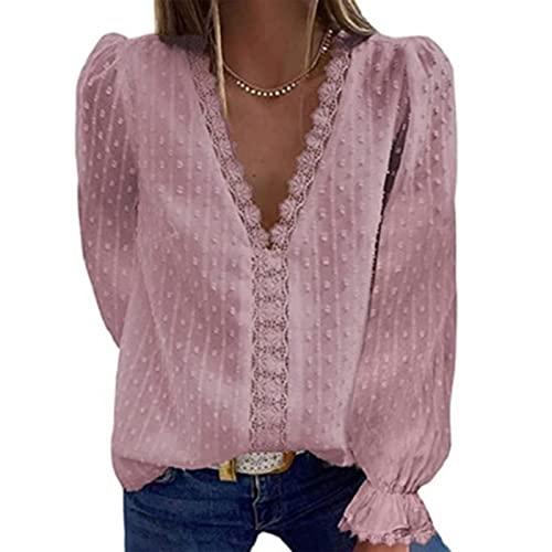 Frauen Süße Frühling Sommer Sexy Spitze Häkeln V-Ausschnitt Langarm Pom Pom Blusen Tops Shirts(XL-Rosa) von GOTOTOP