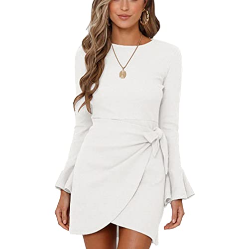 GOTOTOP Ausgestelltes, Langärmliges Kleid mit Schleife und Gürtel, Rundhalsausschnitt, Wickelrüschen, Elegantes Kurzes Kleid, Cocktailkleid für Damen(L-Beige) von GOTOTOP