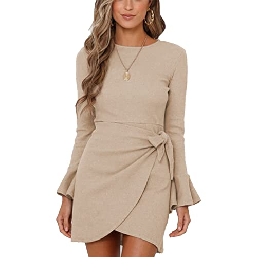 GOTOTOP Ausgestelltes, Langärmliges Kleid mit Schleife und Gürtel, Rundhalsausschnitt, Wickelrüschen, Elegantes Kurzes Kleid, Cocktailkleid für Damen(M-Khaki) von GOTOTOP