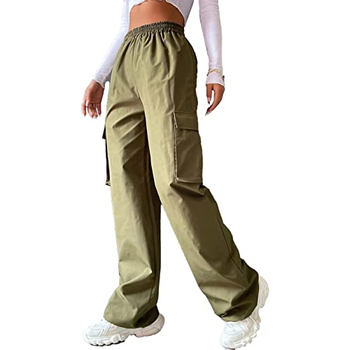 GOTOTOP Cargohose mit Hoher Taille, Lässige Einfarbige Hose, Damen, Angeln, Golf, Reisehose mit Taschen(M-OD-Grün) von GOTOTOP