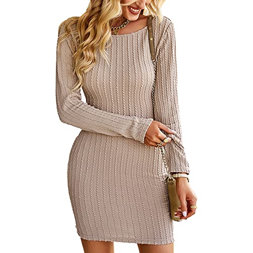 GOTOTOP Damen Bodycon Strickkleider Sexy Rückenfrei Tunika Slim Eng Wickelkleid Elegant Langarm Stretch Pulloverkleid(M-Aprikose) von GOTOTOP