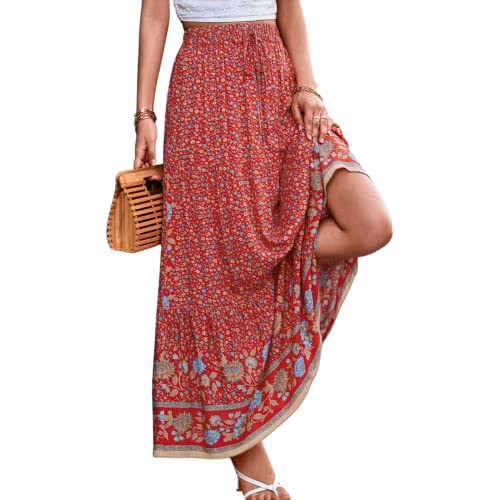 GOTOTOP Damen Bohemian Maxirock Elastische Hoher Taille Sommerrock Retro Blumen Langer Elegant Strandrock(m-rot) von GOTOTOP