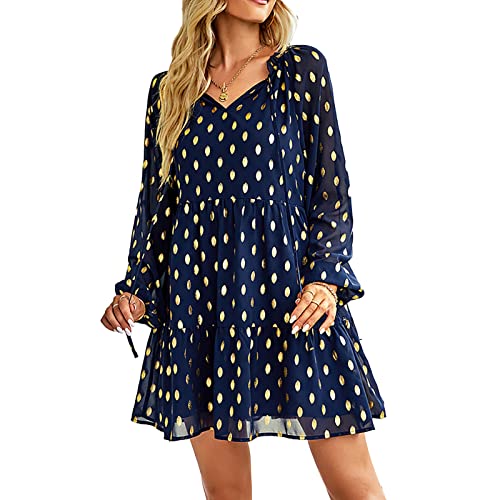 GOTOTOP Damen Dot Chiffon Kleid Modisch Lässige Taille Slim Fit Langarm Polka Dot Kleider für Frühling Herbst(M-Purpurblau) von GOTOTOP