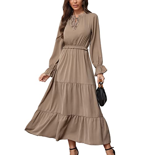 Damen Fliege Ausschnitt Maxikleider Rüsche High Waist Elegant A-Linien Laternenärmeln Tunika Einfarbig Freizeitkleid(m-Khaki) von GOTOTOP