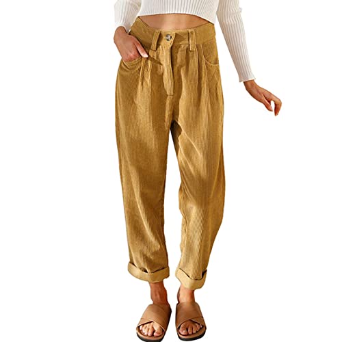 GOTOTOP Damen Gerade Cordhose Hohe Taille Retro Bequem Slim Pants(m-Khaki) von GOTOTOP