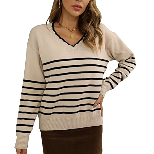 GOTOTOP Damen Gestreifter Langarm Strickpullover V-Ausschnitt Lässiger Lockerer Pulli Sweater Oberteile(L-Aprikose) von GOTOTOP