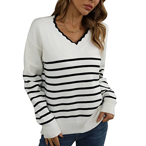 GOTOTOP Damen Gestreifter Langarm Strickpullover V-Ausschnitt Lässiger Lockerer Pulli Sweater Oberteile(L-Weiß) von GOTOTOP