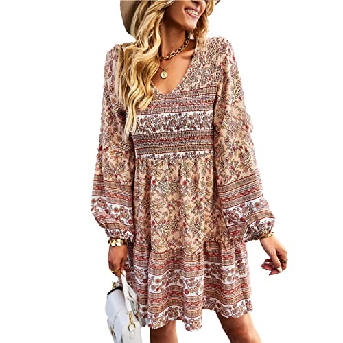GOTOTOP Damen V-Ausschnitt Retro Blumendruck Kleid, Lässig Lange Puffärmel Stretch Tunika Geraffter Saum Kleid(M-Khaki) von GOTOTOP