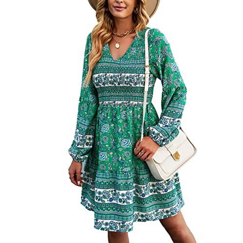 GOTOTOP Damen V-Ausschnitt Retro Blumendruck Kleid, Lässig Lange Puffärmel Stretch Tunika Geraffter Saum Kleid(XL-Grün) von GOTOTOP