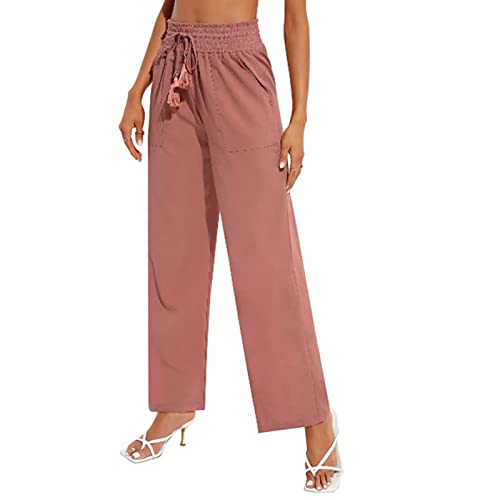 GOTOTOP Damen High Waist Culottes Elastische Bund Leichte Weitem Bein Plissee Schlaghose mit Kordelzug Tasche(XL-Bräunlichrot) von GOTOTOP