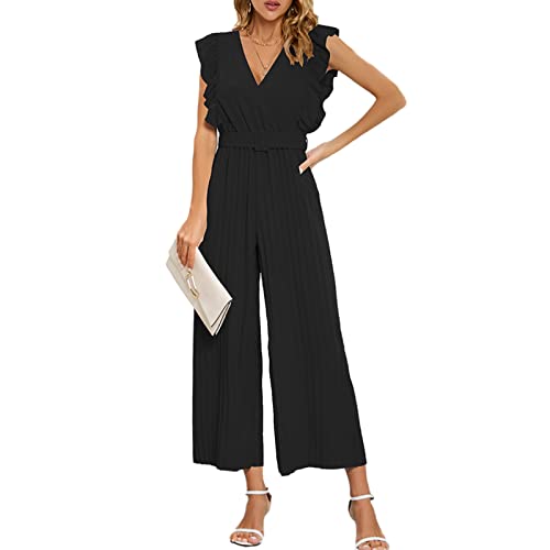 GOTOTOP Damen Jumpsuits mit V-Ausschnitt, ärmelloser Playsuit mit Weitem Bein, Plissierter Strampler mit Geradem Bein und Bund (L) von GOTOTOP