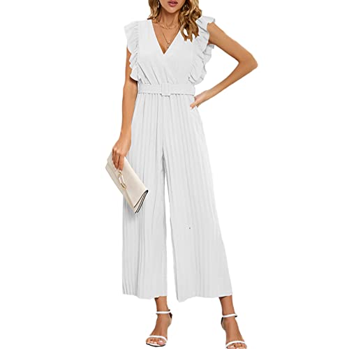 GOTOTOP Damen Jumpsuits mit V-Ausschnitt, ärmelloser Playsuit mit Weitem Bein, Plissierter Strampler mit Geradem Bein und Bund (L) von GOTOTOP