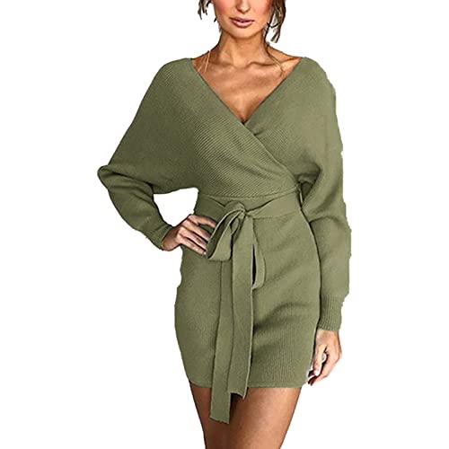 GOTOTOP Damen Kreuz V Ausschnitt Pullover Strickkleid Langarm Tunika Mini Rückenfreies Wickelkleid mit Gürtel(L-Grün) von GOTOTOP